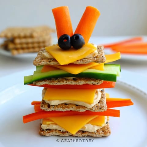 A colorful Giraffe Tall Cracker Stack, ready to eat, with cheese and cucumber details.