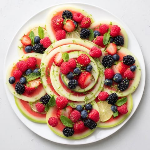 Fresh Fruit Platter: circles of melon and vibrant berries create a beautiful, summery dessert.