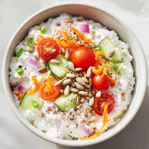 Vibrant image of a cottage cheese snack bowl: fresh tomatoes and cucumber topping creamy cottage cheese.