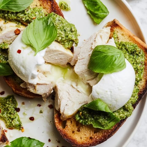 Ein goldbraun gebackenes Pesto Chicken Burrata Toast liegt neben Scheiben gekochtem Hähnchen und einem Klecks rotem Pesto.