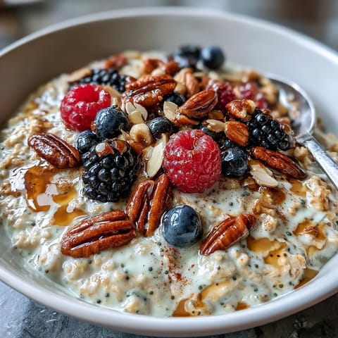 Fresh blueberries, raspberries, and strawberries topped with chopped almonds and chia seeds for a hearty breakfast.