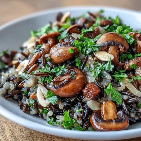 Gedämpftes Wildreis-Pilaw mit gebratenen Pilzen, reichhaltig und aromatisch.