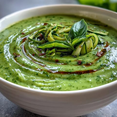 Creamy Courgette, Pea and Pesto Soup with vibrant green hues, garnished with basil and ready to enjoy from a spoon.
