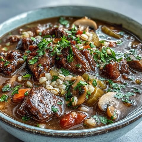 Köstliche Vegetable Beef, Barley, and Mushroom Soup dampft im Topf mit Karotten, Sellerie und Petersilie garniert