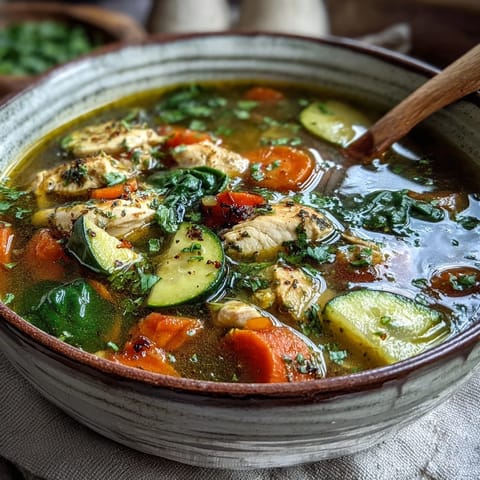 Frisch gekochte Turmeric Hähnchensuppe mit Zucchini und Cilantro Garnitur auf rustikalem Tisch.