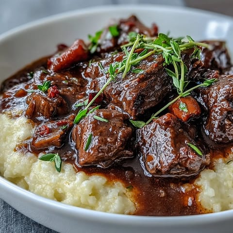 Frisch zubereitetes Venison Stew with Sloe Gin and Polenta, das saftige Wildfleischstücke und aromatische Würze zeigt.