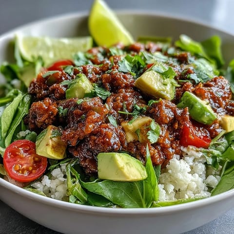 Low Carb Burrito Bowl features seasoned beef, fluffy cauliflower rice, tomatoes, cheddar, and lime.
