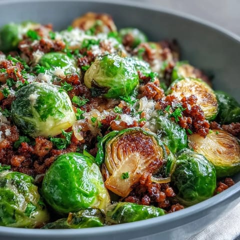 Lemon brightens this easy Brussels Sprouts & Ground Turkey Skillet, topped with fresh parsley and Parmesan cheese.