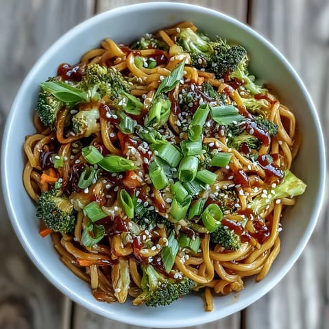 Eine leckere Teriyaki-Nudelschüssel mit weichen Eiernudeln in der glasierten Sauce, frischen grünen Bündelbrokkoli und orangen Karottenstreifen.