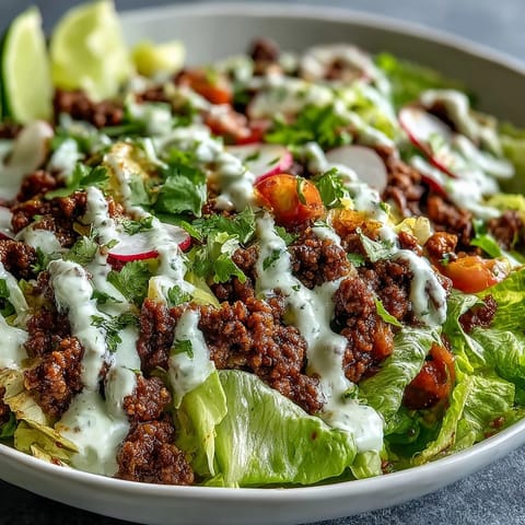 Stimmungsvolle Healthy Taco Bowl mit Rindfleisch, Rettich, Koriander und cremiger Limetten-Crema – perfekt für schnelle, glutenfreie Abendessen.