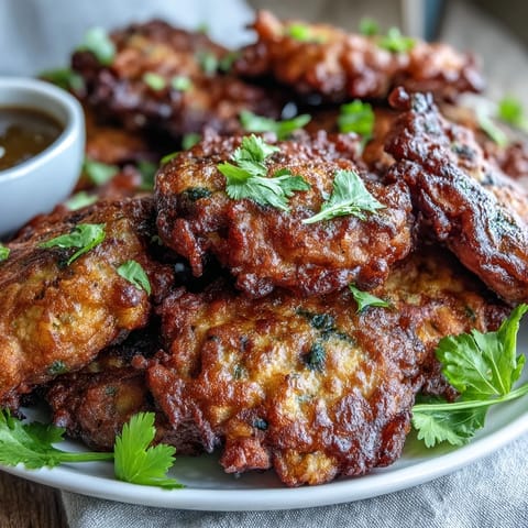 Ein Haufen heißer Black-Eyed Pea Fritters neben einer Gabel und frischem Koriander.