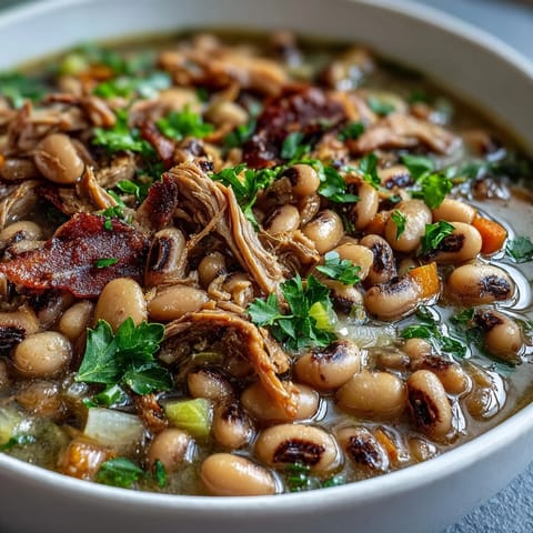 Schmorgericht Black-Eyed Peas With Smoked Turkey mit zartem Truthahnfleisch auf einer Terrine serviert.