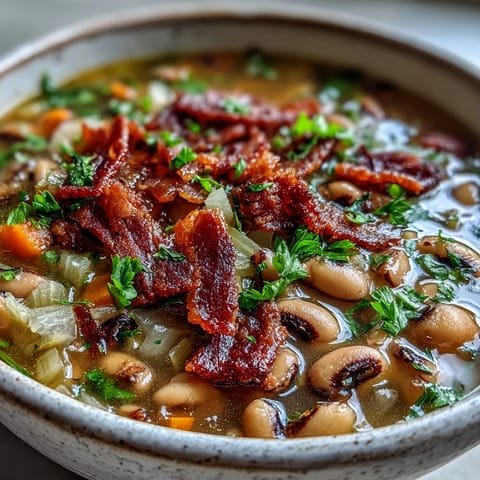 Gefüllte Schüssel mit Black-Eyed Peas und Bacon Soup, geröstetem Speck und frischer Petersilie garniert.