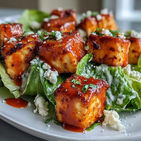 Goldbrauner Tofu in scharfer Buffalo-Sauce auf einem Bett knuspriger Römersalate mit Dressing