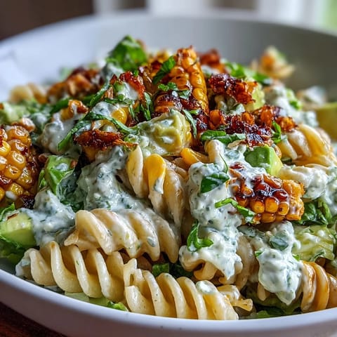 Leckerer Creamy Street Corn Pasta Salad mit Avocado-Stücken, scharfer Cheddar-Würfeln und würziger Chili-Butter auf buntem Salat.