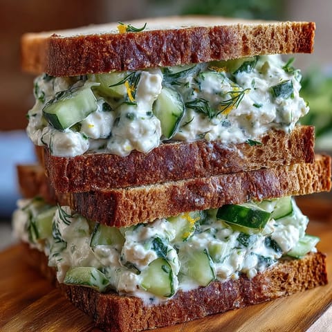 Two halves of Easy Cucumber Salad Sandwiches with alfalfa sprouts and red onion slices, perfect for a light lunch.