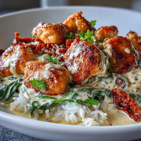 Ein cremiges,Tuscan Chicken Rice Skillet mit goldenem Hähnchen, Spinat und Parmesan in einer einzigen Pfanne.