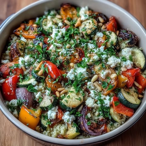 A close-up of the Roasted Veggie & Feta Couscous Bake with fluffy couscous and vibrant diced peppers and zucchini.  