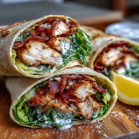 Golden-brown Crispy Chicken Bacon Caesar Wraps sliced in half, revealing creamy Caesar dressing, bacon, and juicy chicken inside.