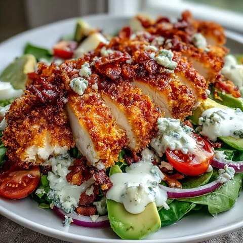 Frisch gebackene Parmesan Crusted Chicken Cobb Salad mit knusprigen Hähnchenscheiben auf buntem Salat, Ei, Avocado und Speck.