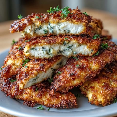 Knusprige Crispy Panko Ranch Chicken Tenders goldbraun gebacken auf einem dunklen Teller serviert.