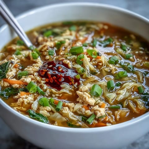 Würziges Egg Roll Soup mit Hähnchen und Kohl, serviert mit Chili Crisp und gerösteten Sesamsamen.