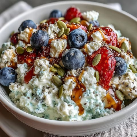 1. Fünf-Minuten-Hüttenkäse-Beeren-Schüssel mit knusprigen Samen, gefüllt mit frischen Beeren und cremigem Hüttenkäse.  