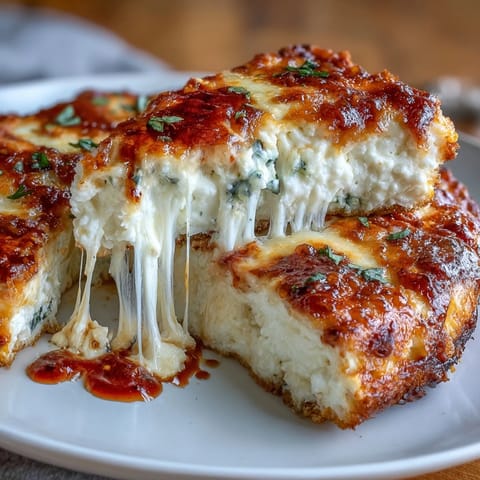 1. Pizza-Style Cottage Cheese Bake mit geschmolzenem Käse, Tomatensauce und frischen Kräutern für ein gemütliches Abendessen.  
