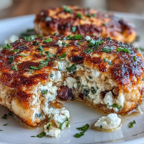 Goldbraune Hühnchen-Patties mit mediterranen Aromen von Feta, Tomaten und Oliven. Ideal für eine gesunde Hauptmahlzeit.  