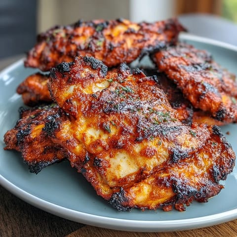 2. Saftige Hähnchenschenkel in würziger Joghurt-Marinade, gegrillt bis zur perfekten Rauchigkeit und goldbraunen Farbe.  