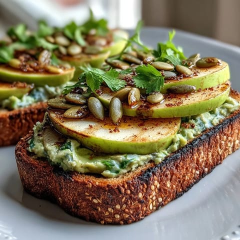1. Avocado und grüner Apfel-Frühstücksbrot mit Kürbiskernen: cremige Avocado, knackiger Apfel und knusprige Kerne auf Vollkornbrot.  