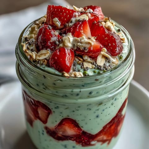 1. Strawberry Matcha Latte Overnight Oats in Mason Jars mit frischen Erdbeeren und grünem Matcha-Pulver