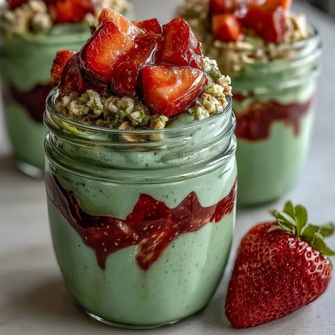 2. Cremige Overnight Oats mit Schichten aus Erdbeeren und Matcha in Gläsern für ein erfrischendes Frühstück