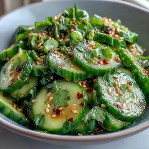 Kühler, knackiger Asiatischer Gurkensalat mit Sesam und Reisessig, garniert mit grünen Zwiebeln und Sesamkörnern.