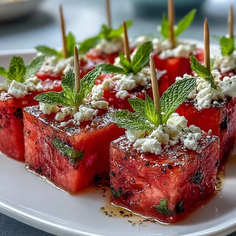 Saftige Wassermelonen-Feta-Minz-Spieße mit cremigem Käse und frischem Minze, perfekt für Sommerpartys.