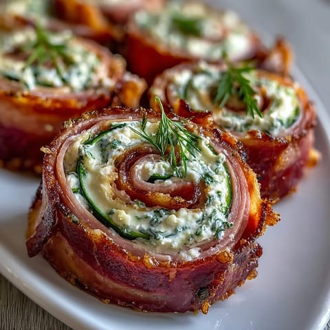 Klassische Schinken-Sahne-Käse-Gurken-Röllchen auf einer Servierplatte.