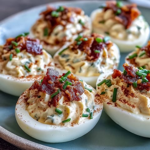 Knusprige Bacon-Ranch-Teufelseier mit cremiger Füllung und frischem Schnittlauch.  