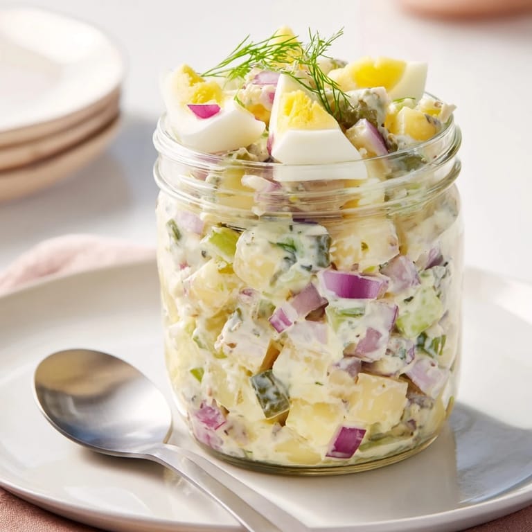 Leckerer klassischer Kartoffelsalat im Glas, perfekt für Picknicks und Grillpartys.