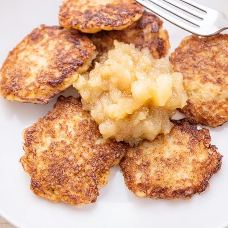 Homemade applesauce alongside crispy potato pancakes, a comforting classic dish.