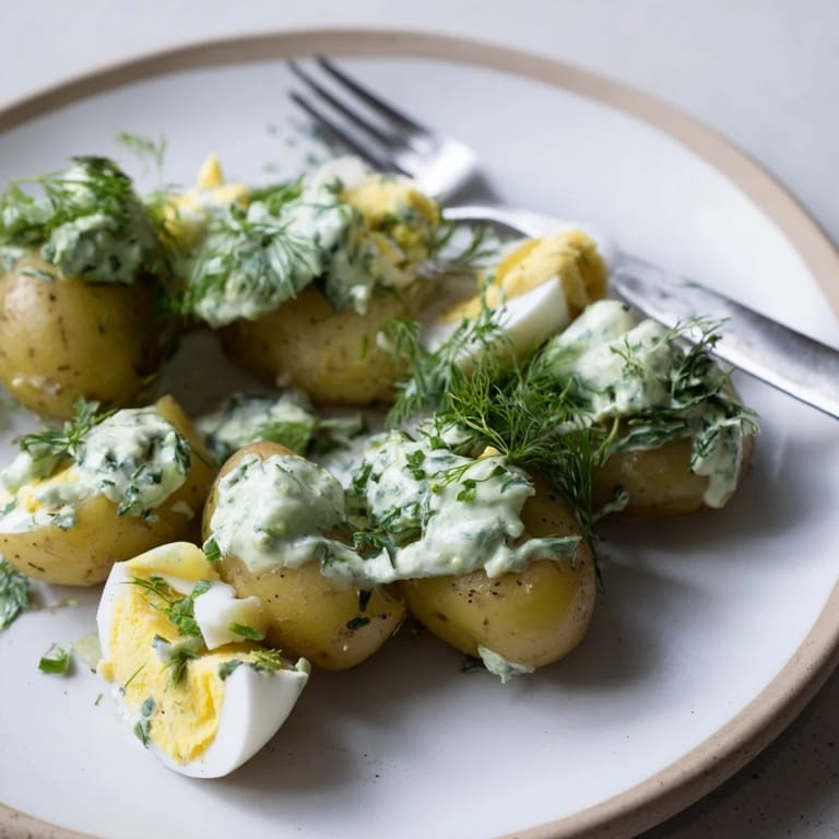 Frische grüne Sauce verleiht den warmen Kartoffeln einen cremigen, geschmackvollen Akzent.