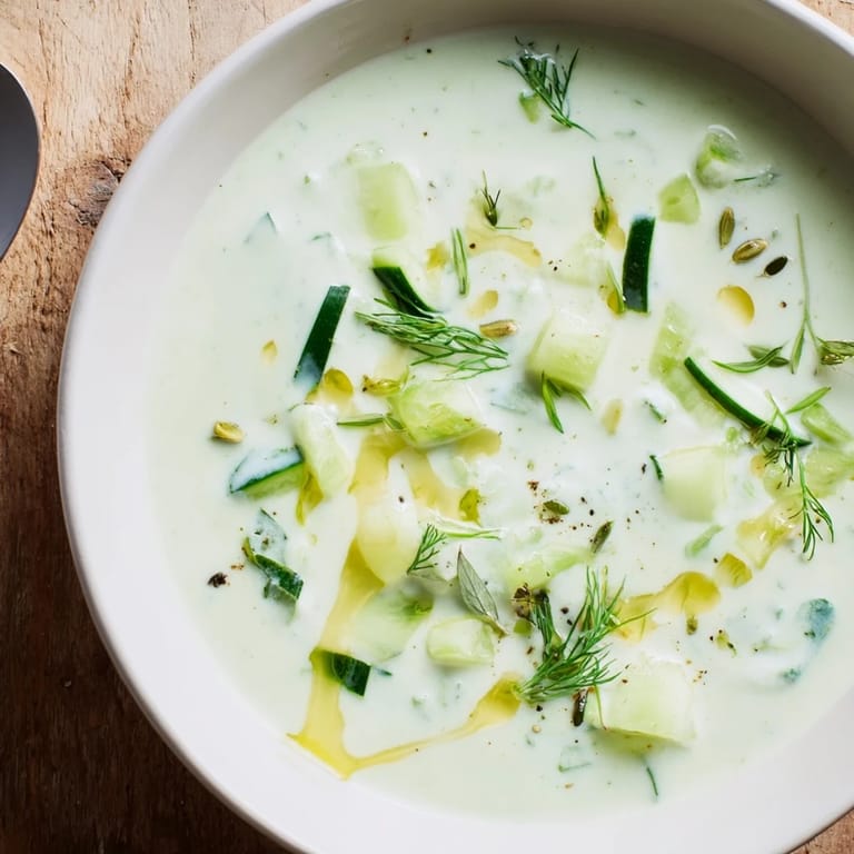 Sommerliche kalte Gurken-Joghurtsuppe, perfekt für heiße Tage mit herzhafter Note.