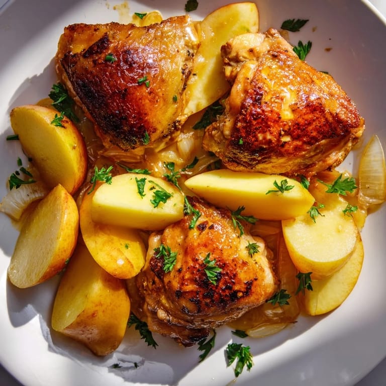 Enjoy a flavorful Sheet-Pan German-Style Chicken featuring roasted apples and onions, flavorful and easy to make!