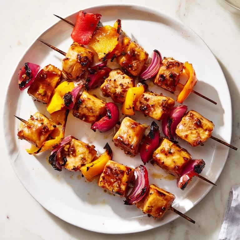 Festive Glühwein-Marinated Chicken Skewers, a German-inspired grilled dish with vibrant veggies.