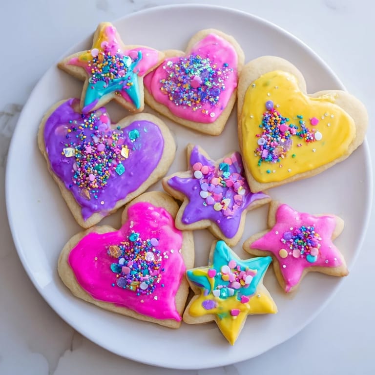 Delightful close-up of fresh Princess Palace Heart & Star Treats; royal icing shines on these sweet treats.