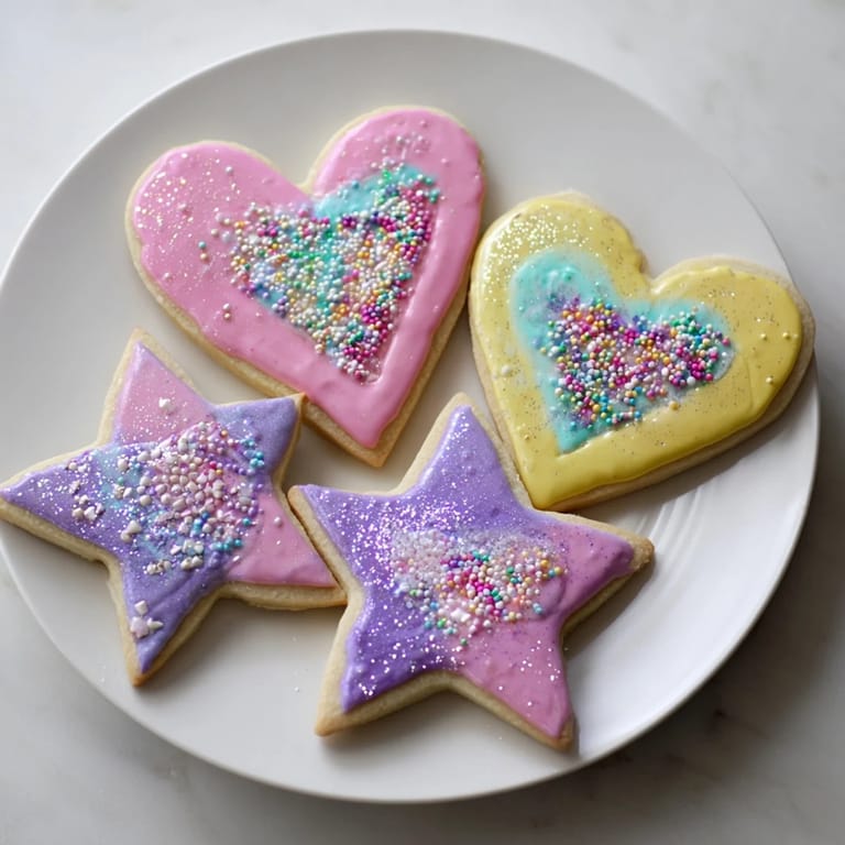 A plate of colorful Princess Palace Heart & Star Treats; imagine buttery cookies shaped as hearts and stars.