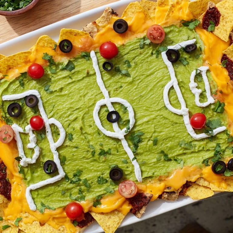 A vibrant Soccer Field Nacho Platter, topped with melted cheese, beef, beans, and fresh toppings.