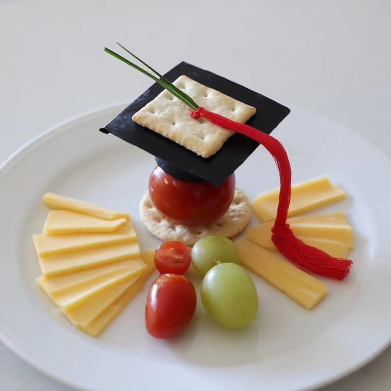 This Graduation Cap Platter features a festive cheese wheel mortarboard surrounded by colorful, tasty snacks.