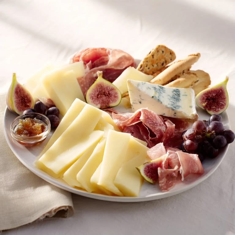 This Wine & Food Pairing Platter displays a gourmet assortment, featuring cheeses, meats, and crackers, ready to enjoy.