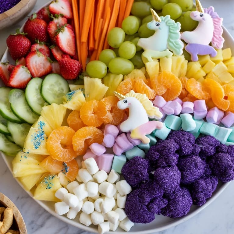 Vibrant and festive Magical Unicorn Rainbow Snack Board, perfect for sharing with kids at a party.
