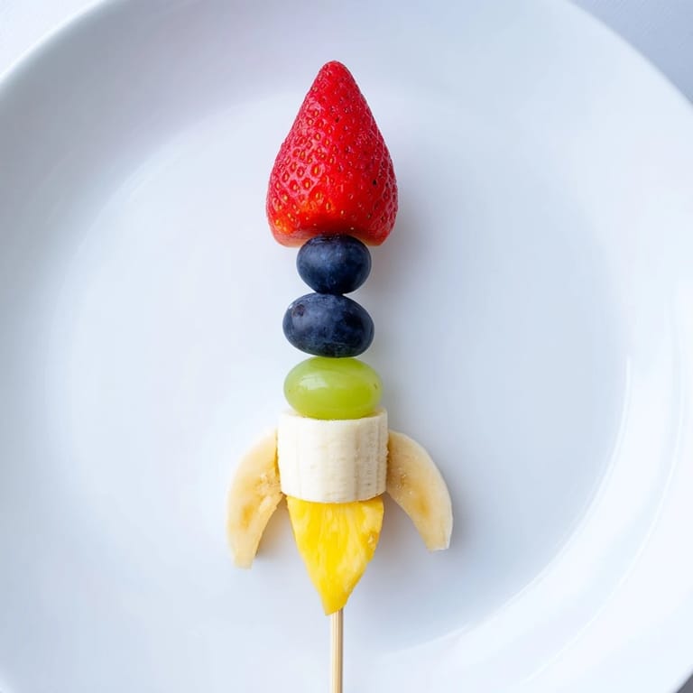 Vibrant Rocket Ship Fruit Skewers with juicy strawberries, pineapple flames, and sweet grape bodies.